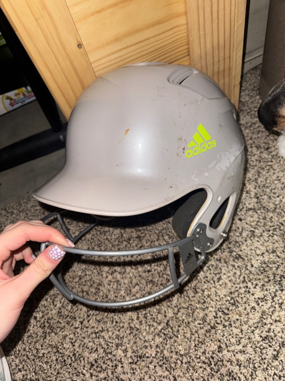 adidas Gray Batting Helmet with Neon Yellow Logo and Metal Faceguard